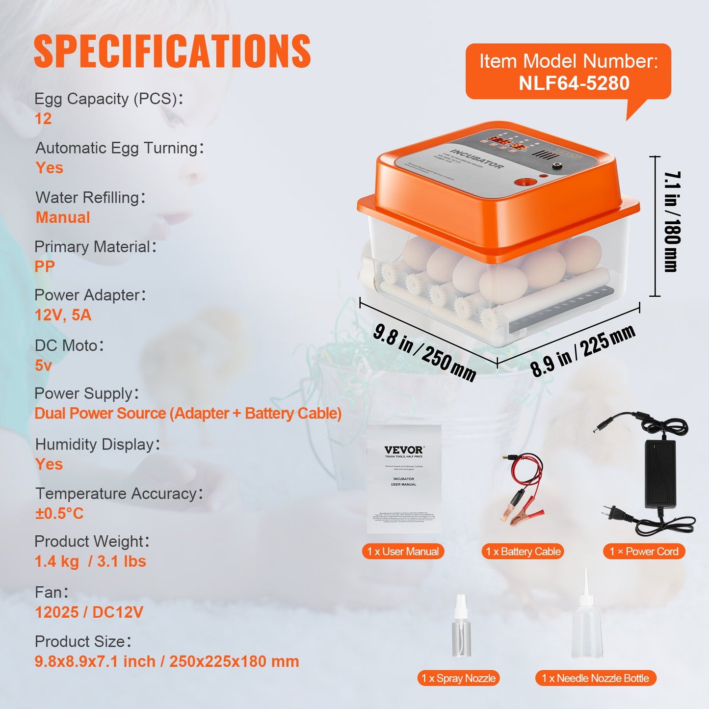 Egg Incubator, Incubators for Hatching Eggs, Automatic Egg Turner with with Temperature and Humidity Control, 12 Eggs Poultry Hatcher with ABS Transparent Shell for Chicken, Duck, Quail