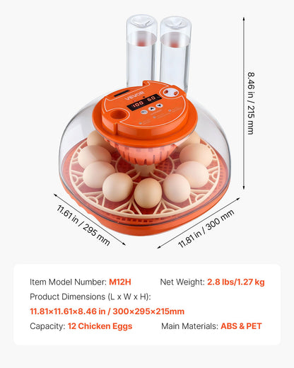 12 Egg Incubator, Automatic Egg Turner with LED Candler, Temperature & Humidity Control, 360° View Clear Window, Poultry Eggs Incubator for Home Farm, Hatching Chicks Ducks Goose Quail