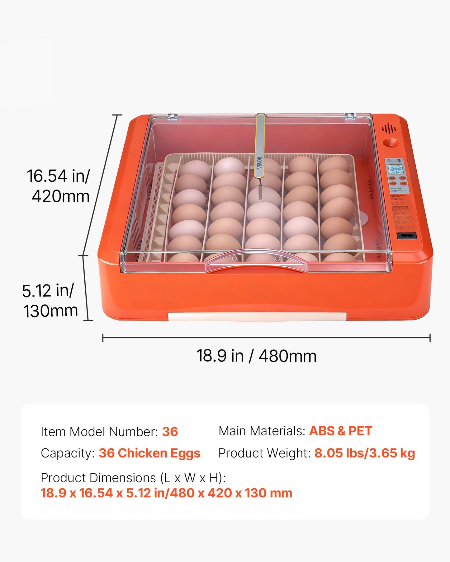 36 Egg Incubator, Automatic Egg Turner with LED Candler & Water Tray, Temperature & Humidity Control, 360° View Clear Window, Poultry Eggs Incubators for Hatching Chicks Ducks Goose Quails