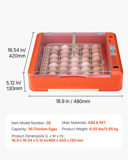 36 Egg Incubator, Automatic Egg Turner with LED Candler & Water Tray, Temperature & Humidity Control, 360° View Clear Window, Poultry Eggs Incubators for Hatching Chicks Ducks Goose Quails