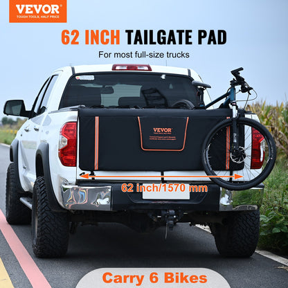 Tailgate Bike Pad, 62" Truck Tailgate Pad Carries 6 Mountain Bikes, Upgraded Trail Tailgate Protective Pad with Reflective Strips and Tool Pockets, with Camera Opening for Most Pickup Trucks