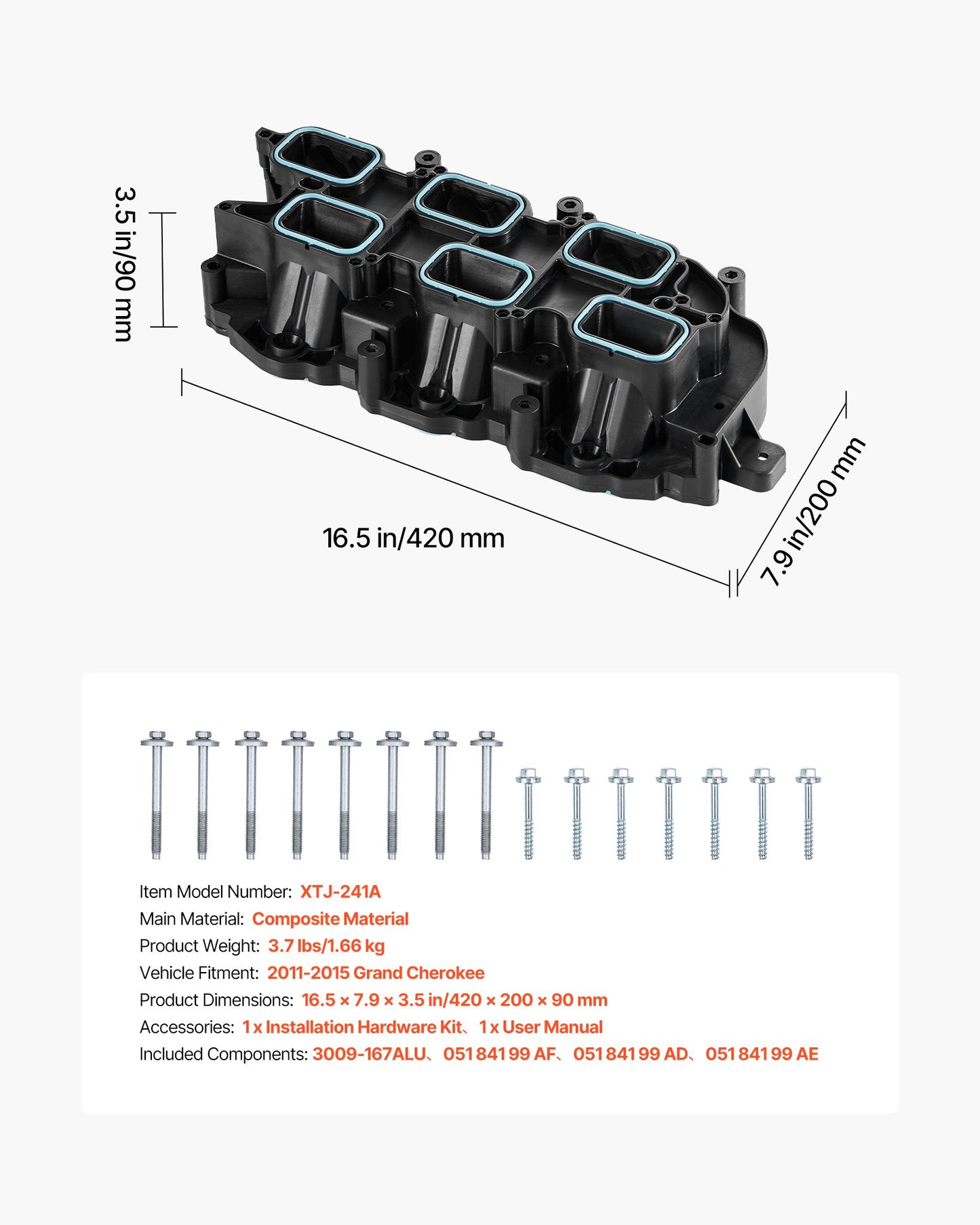 Intake Manifold, with Gasket, Engine Intake Manifold Assembly Compatible with 2011-2015 Grand Cherokee, Manifold Replacement Replace 3009-167ALU, 051 841 99 AF, 051 841 99 AD, 051 841 99 AE