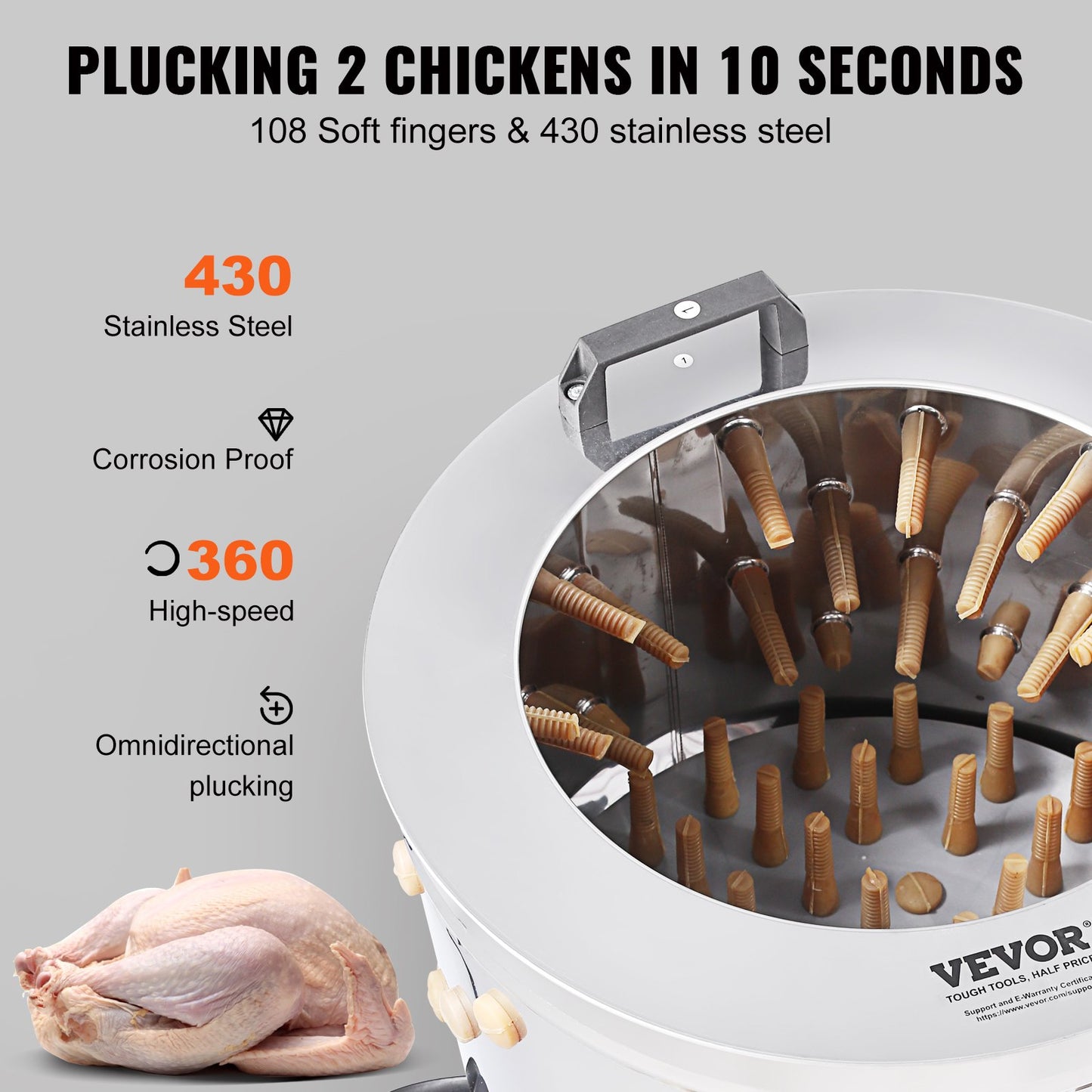 Chicken Plucker Machine, Feather Plucker with 20-inch Stainless Steel Drum, Defeathering Equipment with 108 Soft Fingers, Simple Debris Collection, 500W High Power Poultry Plucking
