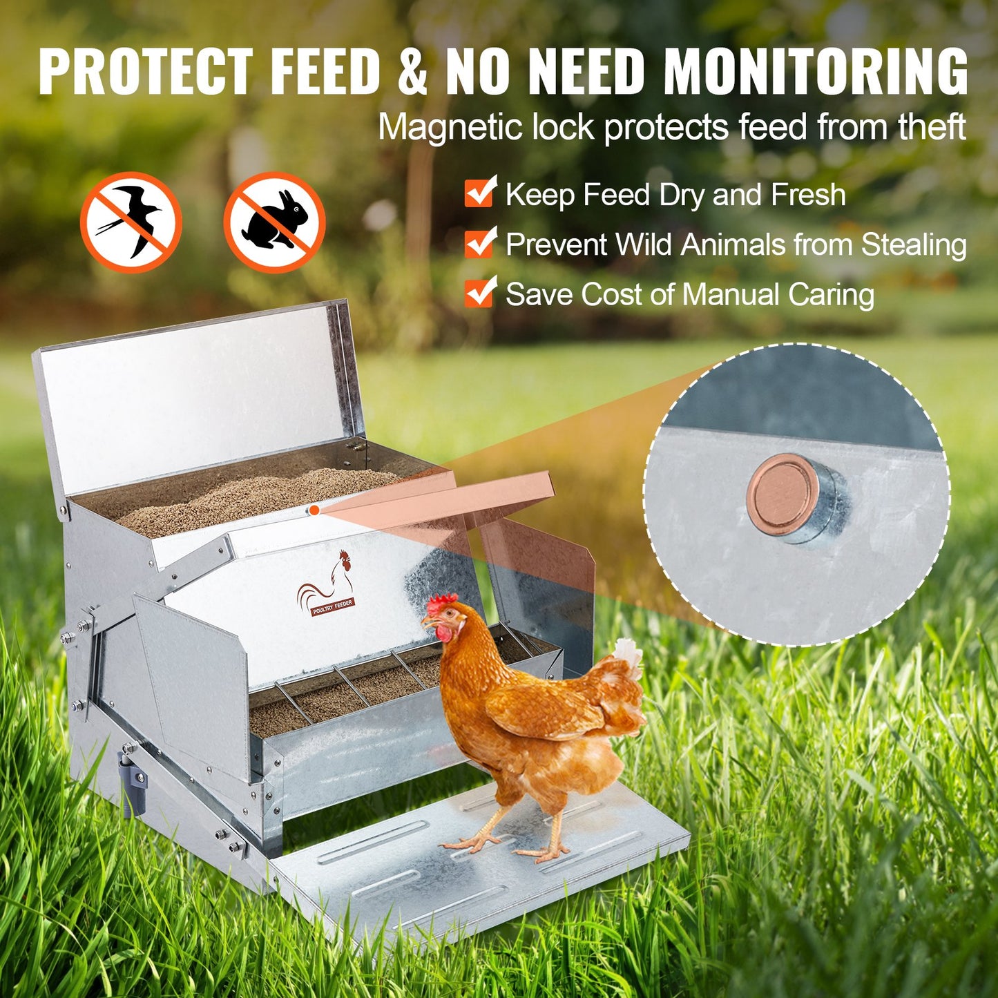 Automatic Chicken Feeder, 25 lbs Capacity Feeds 10 Chicks Up to 11 Days, Galvanized Steel Poultry Feeder
