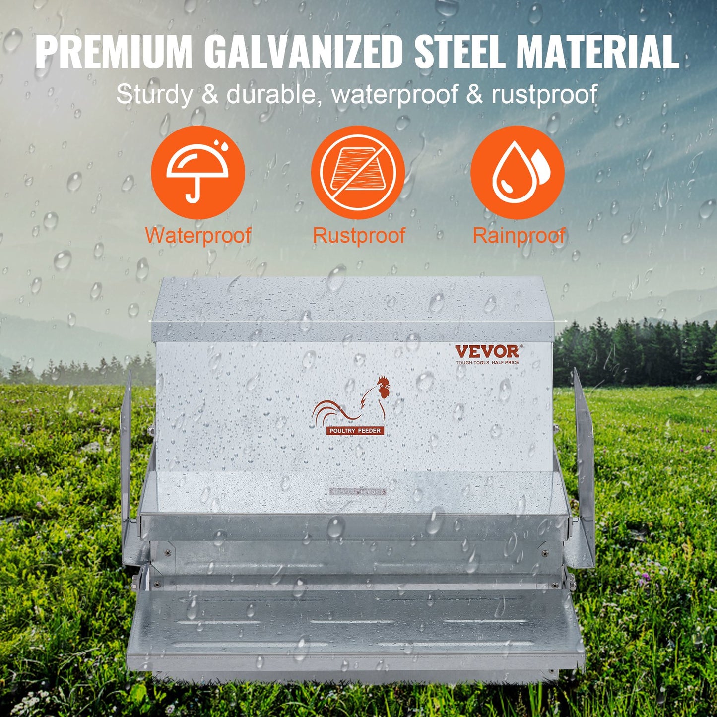 Automatic Chicken Feeder, 25 lbs Capacity Feeds 10 Chickens up to 11 Days, Galvanized Steel Poultry Feeder