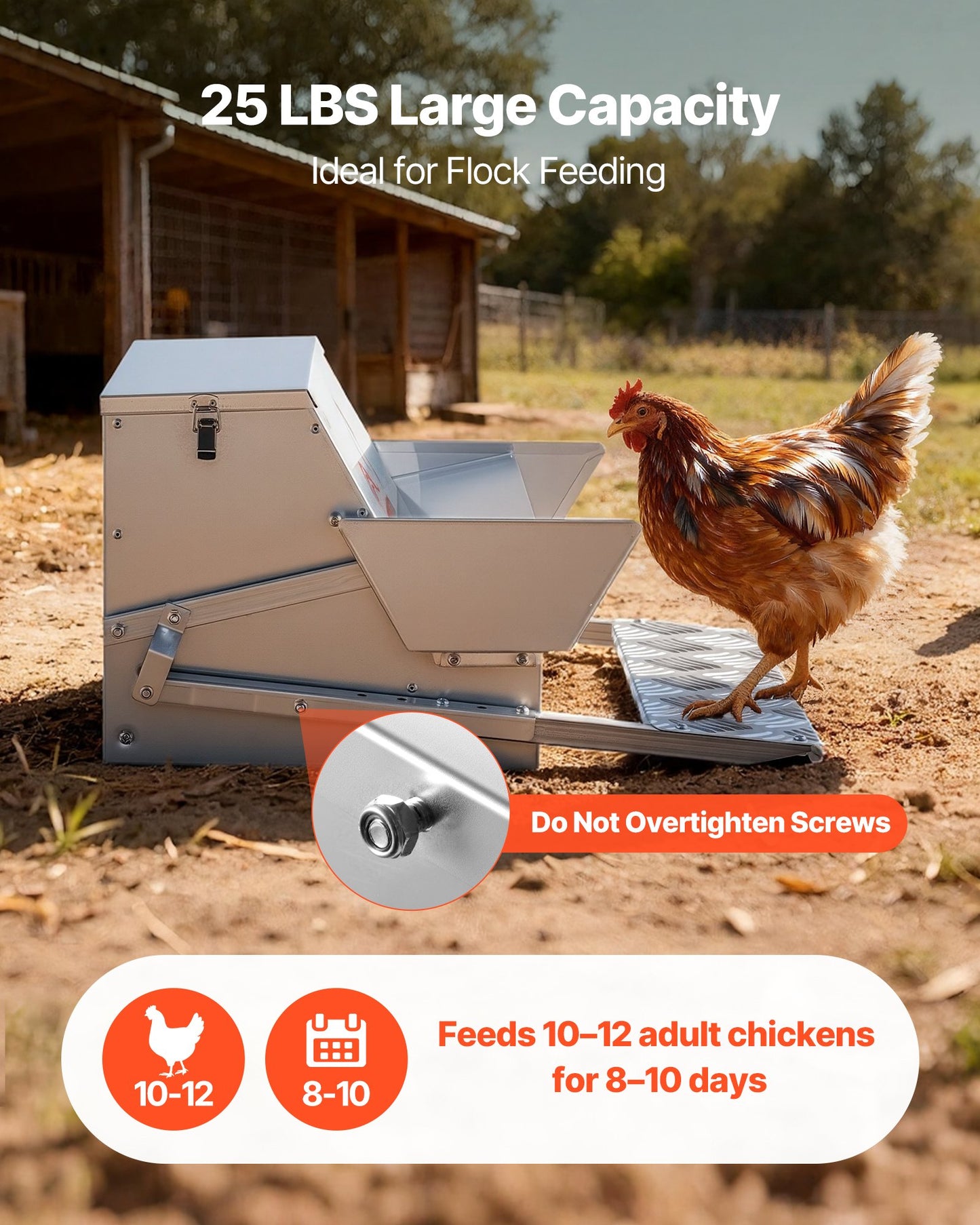 Automatic Chicken Feeder, 25 lbs Capacity, Rainproof Treadle Poultry Feeder with Lockable Lid, No Waste, Galvanized Steel Construction, Outdoor Use, for Chicken, Bantams, Poultry, Pheasants
