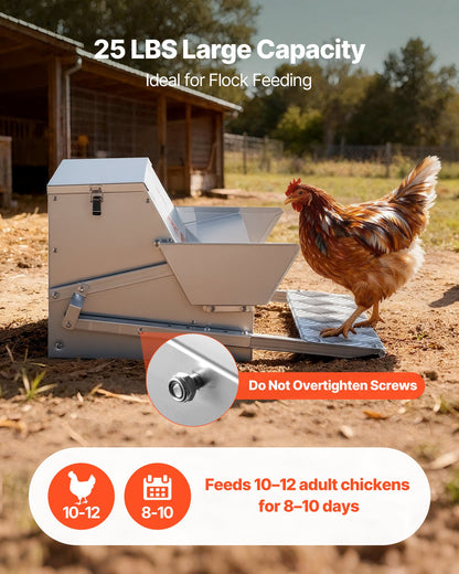 Automatic Chicken Feeder, 25 lbs Capacity, Rainproof Treadle Poultry Feeder with Lockable Lid, No Waste, Galvanized Steel Construction, Outdoor Use, for Chicken, Bantams, Poultry, Pheasants