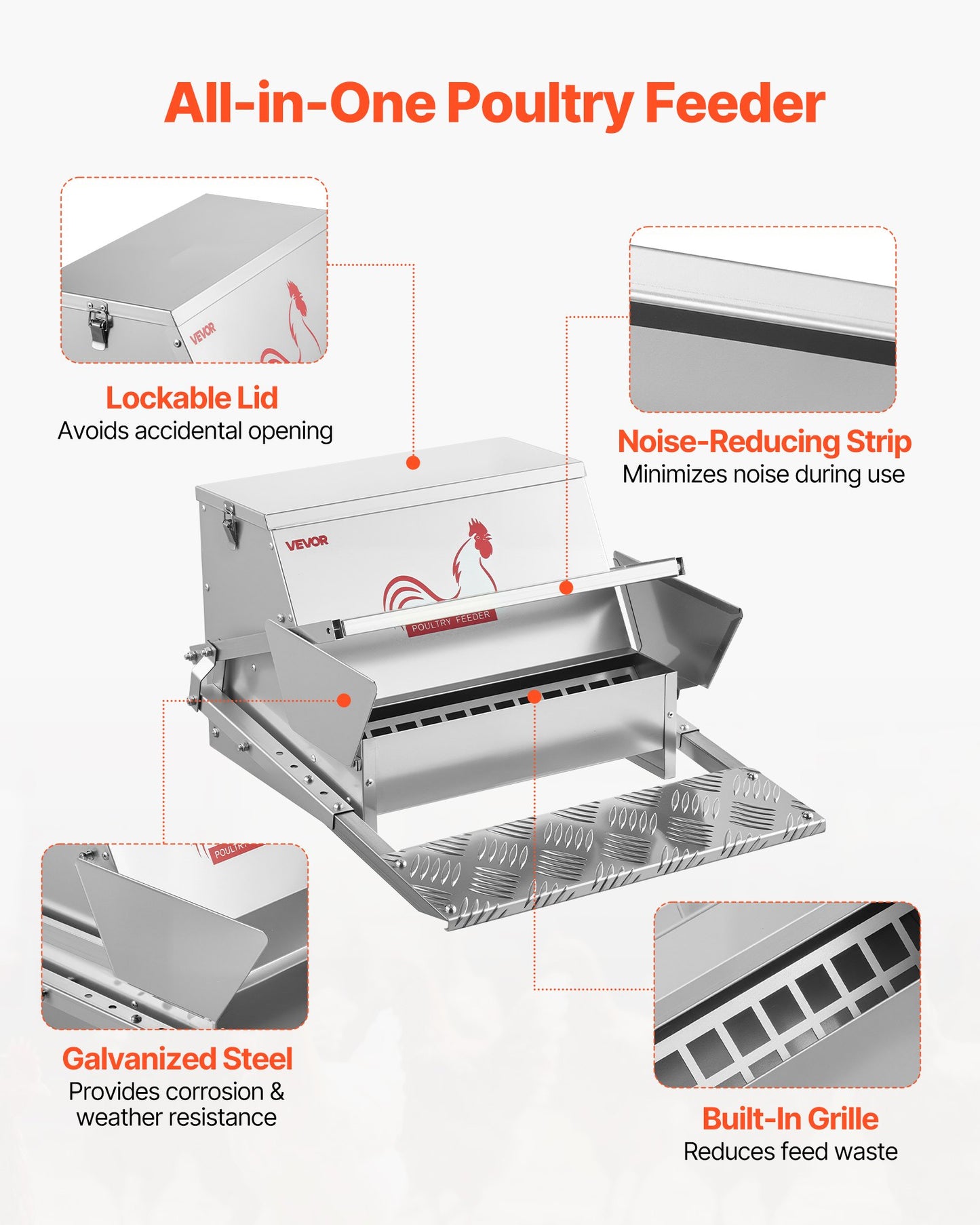 Automatic Chicken Feeder, 25 lbs Capacity, Rainproof Treadle Poultry Feeder with Lockable Lid, No Waste, Galvanized Steel Construction, Outdoor Use, for Chicken, Bantams, Poultry, Pheasants