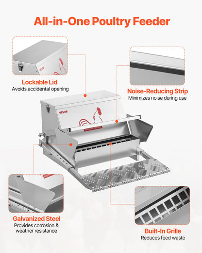 Automatic Chicken Feeder, 25 lbs Capacity, Rainproof Treadle Poultry Feeder with Lockable Lid, No Waste, Galvanized Steel Construction, Outdoor Use, for Chicken, Bantams, Poultry, Pheasants