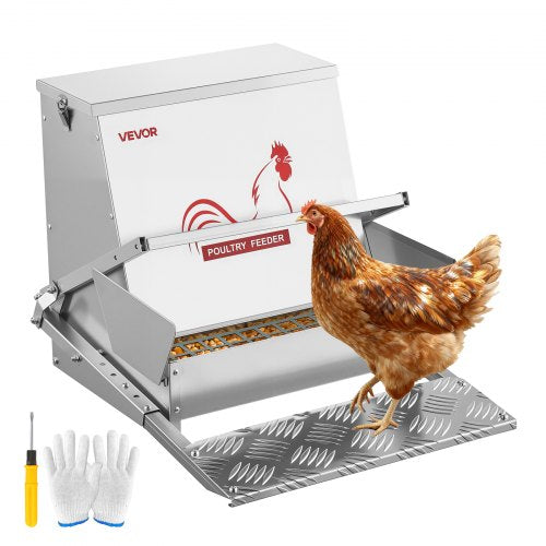 Automatic Chicken Feeder, 40 lbs Capacity, Rainproof Treadle Poultry Feeder with Lockable Lid, No Waste, Galvanized Steel Construction, Outdoor Use, for Chicken, Bantams, Poultry, Pheasants