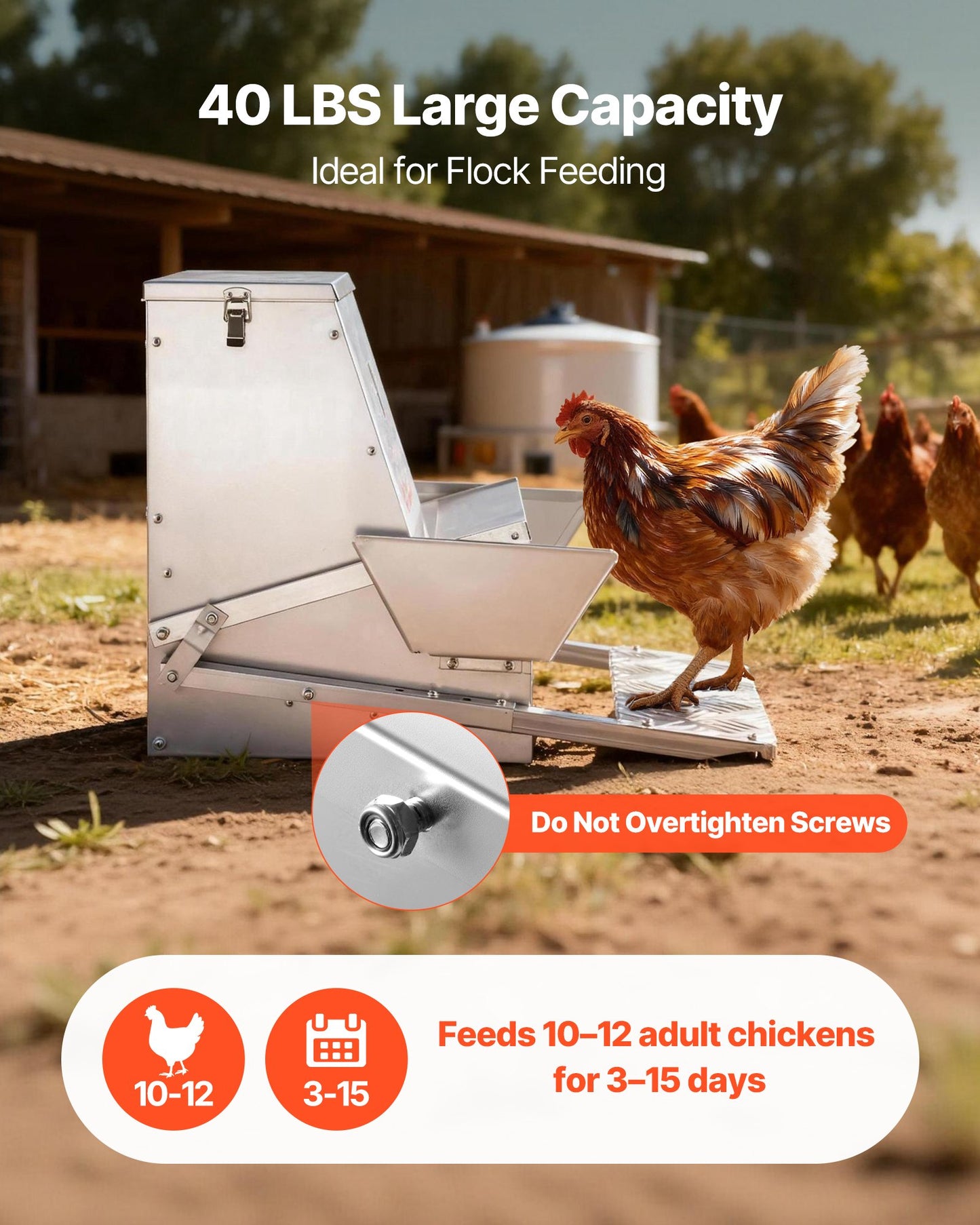Automatic Chicken Feeder, 40 lbs Capacity, Rainproof Treadle Poultry Feeder with Lockable Lid, No Waste, Galvanized Steel Construction, Outdoor Use, for Chicken, Bantams, Poultry, Pheasants