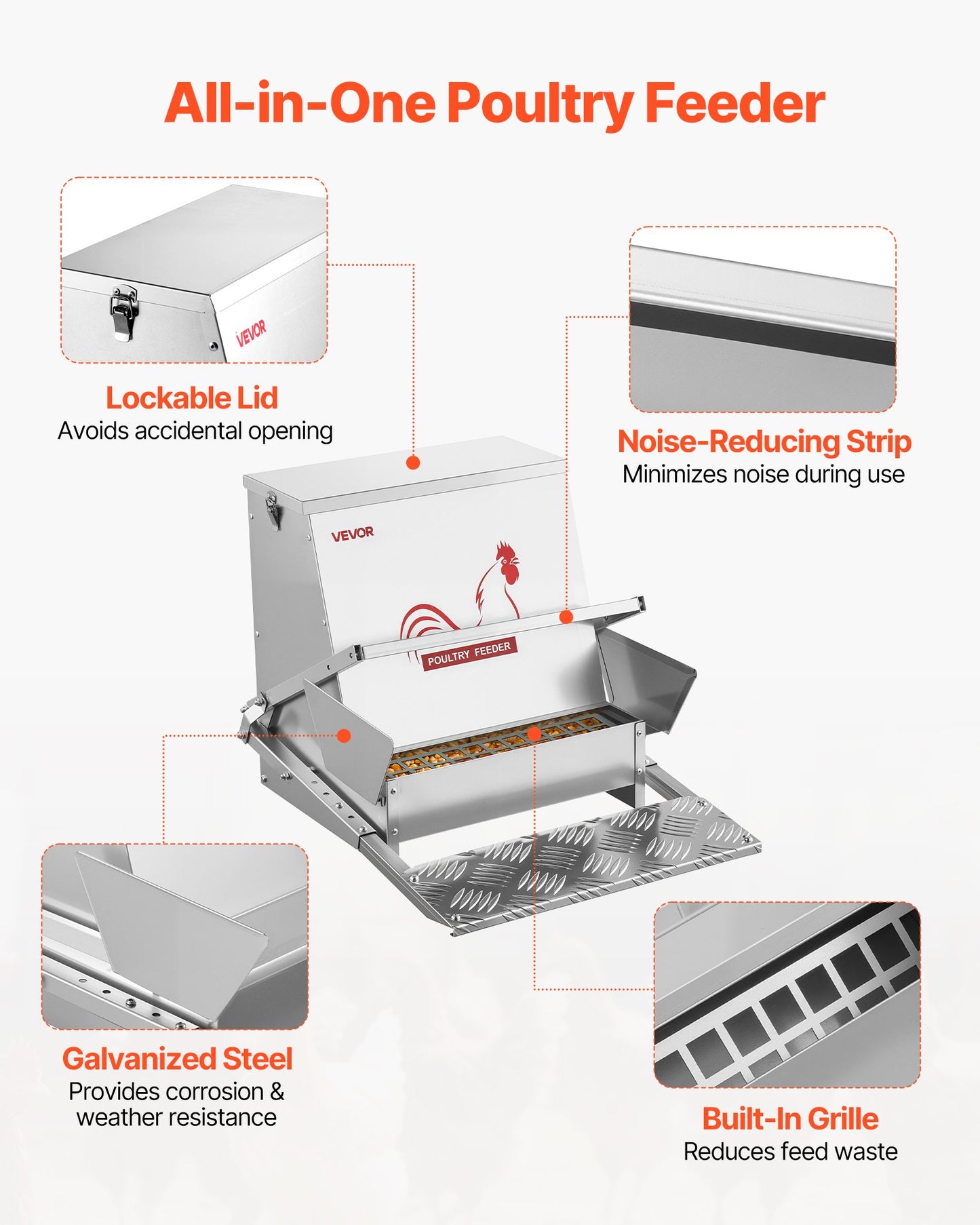Automatic Chicken Feeder, 40 lbs Capacity, Rainproof Treadle Poultry Feeder with Lockable Lid, No Waste, Galvanized Steel Construction, Outdoor Use, for Chicken, Bantams, Poultry, Pheasants