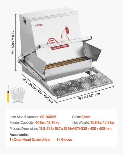 Automatic Chicken Feeder, 40 lbs Capacity, Rainproof Treadle Poultry Feeder with Lockable Lid, No Waste, Galvanized Steel Construction, Outdoor Use, for Chicken, Bantams, Poultry, Pheasants