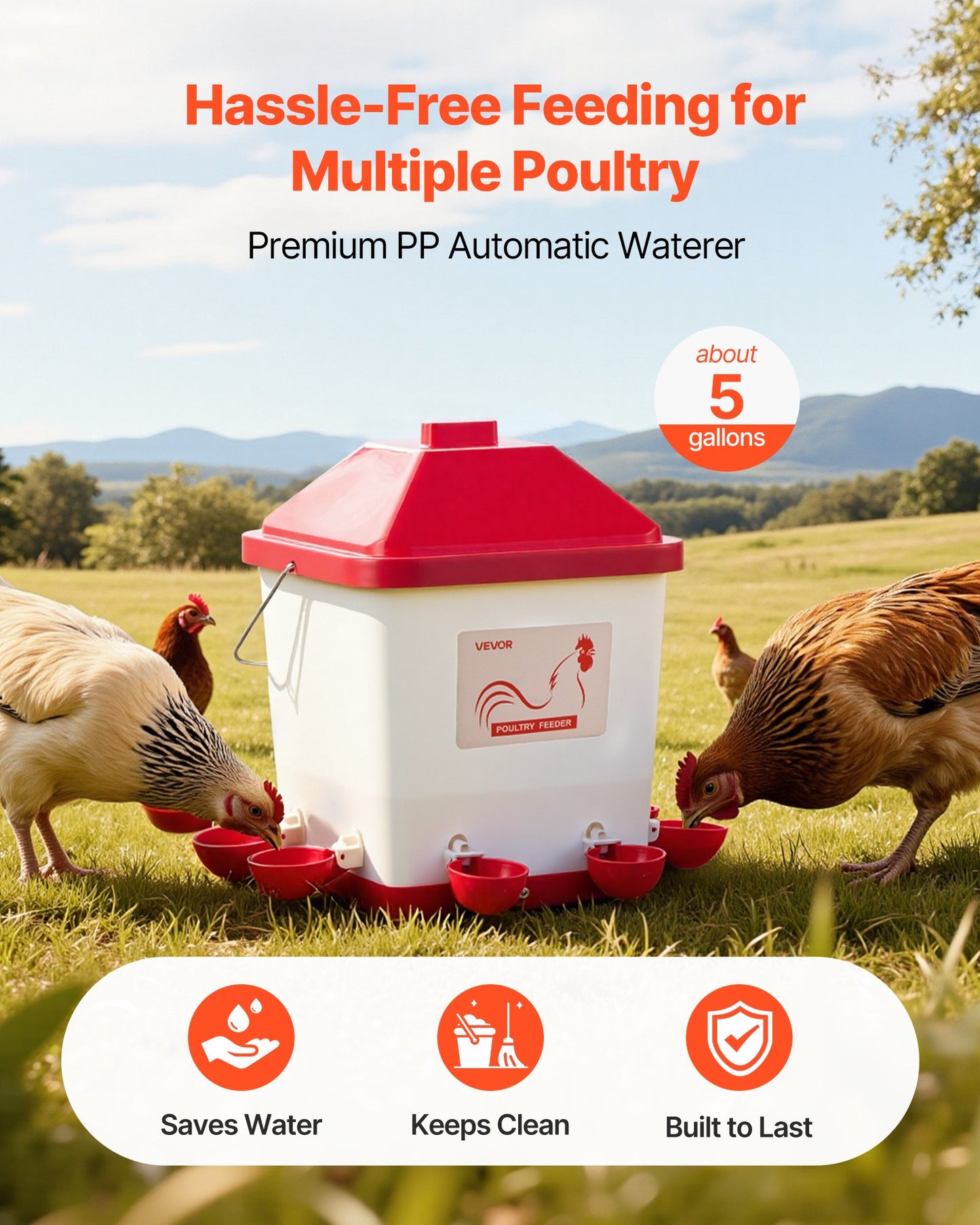 5 Gallon Automatic Chicken Waterer, 6 Water Ports, Automatic-Fill Water Cup, Automatic Gravity Waterer with Handle & Sealed Rubber Ring, Waterproof PP Material, No Waste Design, for Chicken