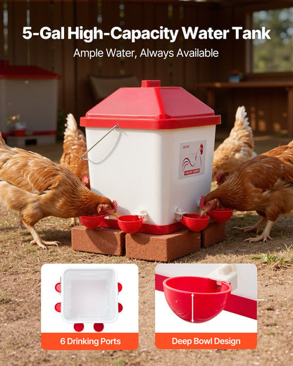 5 Gallon Automatic Chicken Waterer, 6 Water Ports, Automatic-Fill Water Cup, Automatic Gravity Waterer with Handle & Sealed Rubber Ring, Waterproof PP Material, No Waste Design, for Chicken