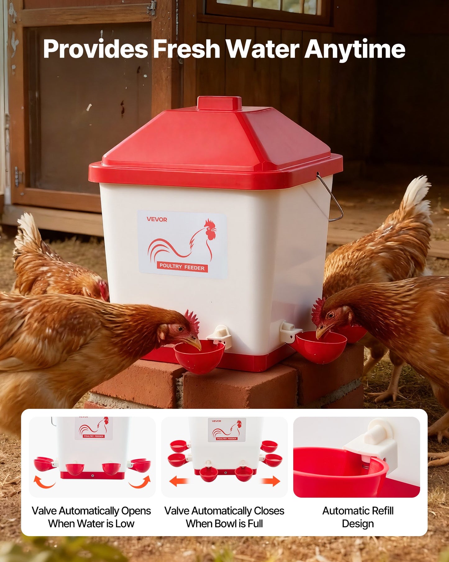 5 Gallon Automatic Chicken Waterer, 6 Water Ports, Automatic-Fill Water Cup, Automatic Gravity Waterer with Handle & Sealed Rubber Ring, Waterproof PP Material, No Waste Design, for Chicken
