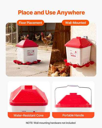 5 Gallon Automatic Chicken Waterer, 6 Water Ports, Automatic-Fill Water Cup, Automatic Gravity Waterer with Handle & Sealed Rubber Ring, Waterproof PP Material, No Waste Design, for Chicken