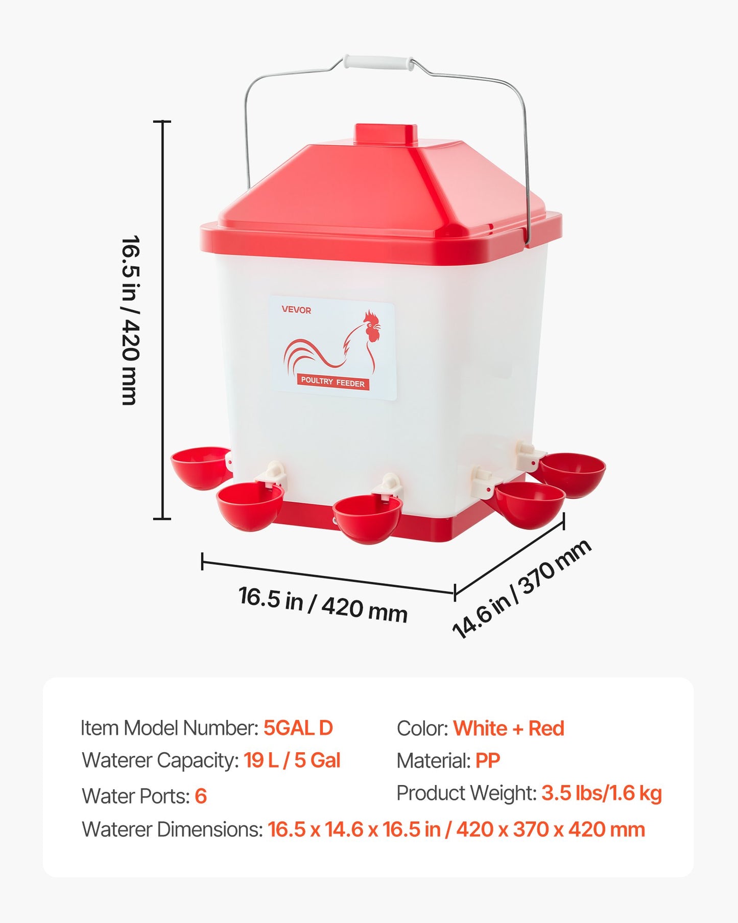 5 Gallon Automatic Chicken Waterer, 6 Water Ports, Automatic-Fill Water Cup, Automatic Gravity Waterer with Handle & Sealed Rubber Ring, Waterproof PP Material, No Waste Design, for Chicken