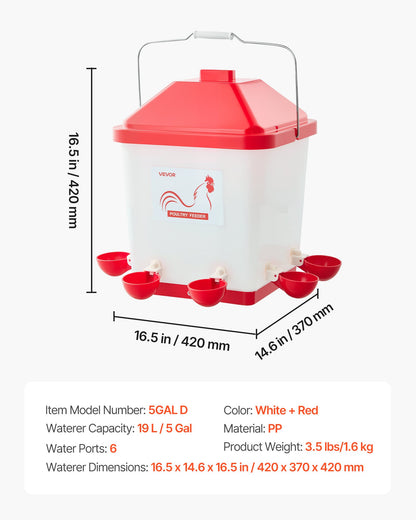 5 Gallon Automatic Chicken Waterer, 6 Water Ports, Automatic-Fill Water Cup, Automatic Gravity Waterer with Handle & Sealed Rubber Ring, Waterproof PP Material, No Waste Design, for Chicken
