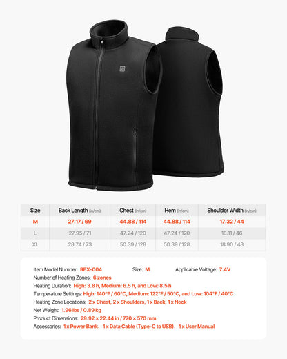 Heated Vest, Men Electric Heating Vest with 16000 mAh Battery Pack, 6 Heating Zones Lightweight Rechargeable Winter-Vest with 3 Levels, for Outdoor Hiking Camping Fishing Skiing, Size M