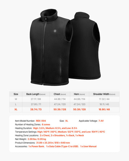 Heated Vest, Men Electric Heating Vest with 16000 mAh Battery Pack, 6 Heating Zones Lightweight Rechargeable Winter-Vest with 3 Levels, for Outdoor Hiking Camping Fishing Skiing, Size XL