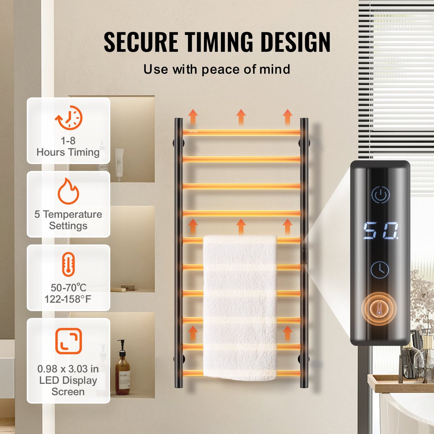 10-Bar Towel Warmer Rack Wall Mounted Heated Towel Rack for Bathroom Black