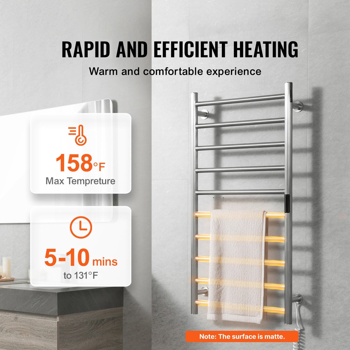 10 Bars Towel Warmer Rack, Wall Mounted Heated Towel Rack for Bathroom, IPX5 Waterpoof Towel Heater Rack with Timer & LED Display Screen, 5 Levels Adjustable Temperature Towel Heater, Silver