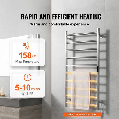 10 Bars Towel Warmer Rack, Wall Mounted Heated Towel Rack for Bathroom, IPX5 Waterpoof Towel Heater Rack with Timer & LED Display Screen, 5 Levels Adjustable Temperature Towel Heater, Silver