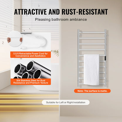 10 Bars Towel Warmer Rack, Wall Mounted Heated Towel Rack for Bathroom, IPX5 Waterpoof Towel Heater Rack with Timer & LED Display Screen, 5 Levels Adjustable Temperature Towel Heater, Silver