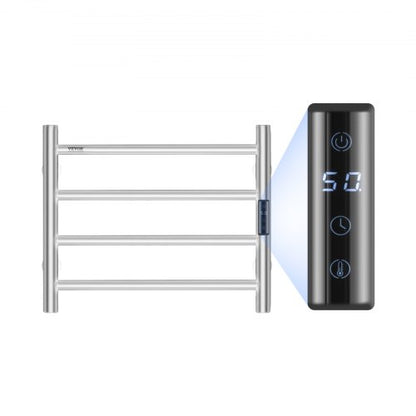 4 Bars Towel Warmer Rack, Wall Mounted Heated Towel Rack for Bathroom, IPX5 Waterpoof Towel Heater Rack with Timer & LED Display Screen, 5 Levels Adjustable Temperature Towel Heater, Silver