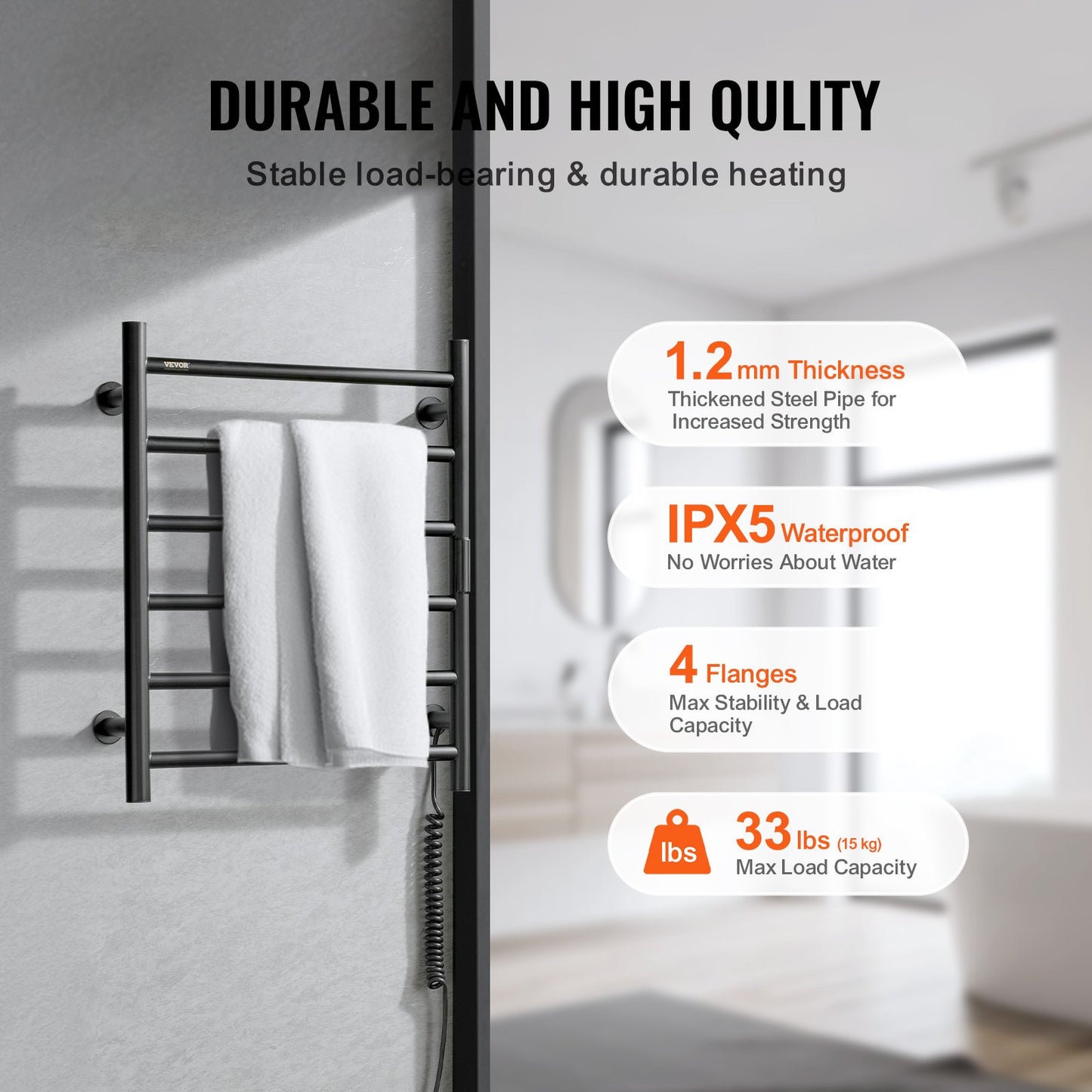 6 Bars Towel Warmer Rack, Wall Mounted Heated Towel Rack for Bathroom, IPX5 Waterpoof Towel Heater Rack with Timer & LED Display Screen, 5 Levels Adjustable Temperature Towel Heater, Black