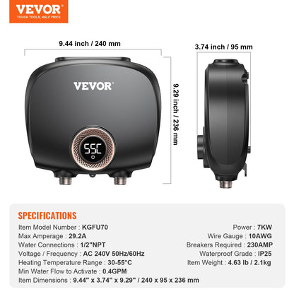 Tankless Water Heater Electric, 7kw On Demand Instant Under Sink Water Boiler, Digital Temperature Display & Easy Installation & 24-Hour Water Supply, For Kitchen Bathroom Faucet And Shower