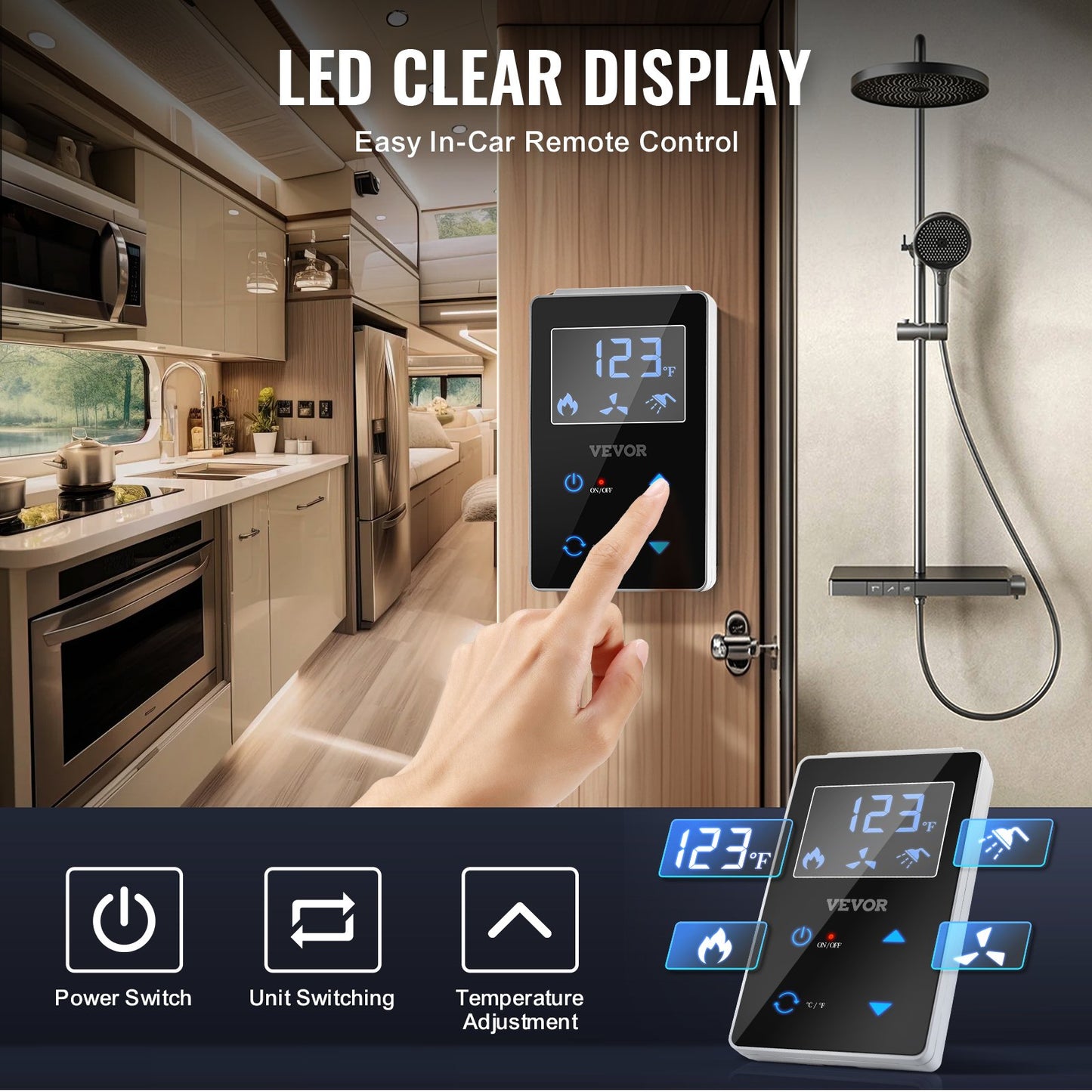 RV Tankless Water Heater, Instant Shower with 15 x 15 inches White Door and Remote Controller, 55000BTU Optimized Comfort Performance Hot Water, Ideal for RVers' Family Everyday Use