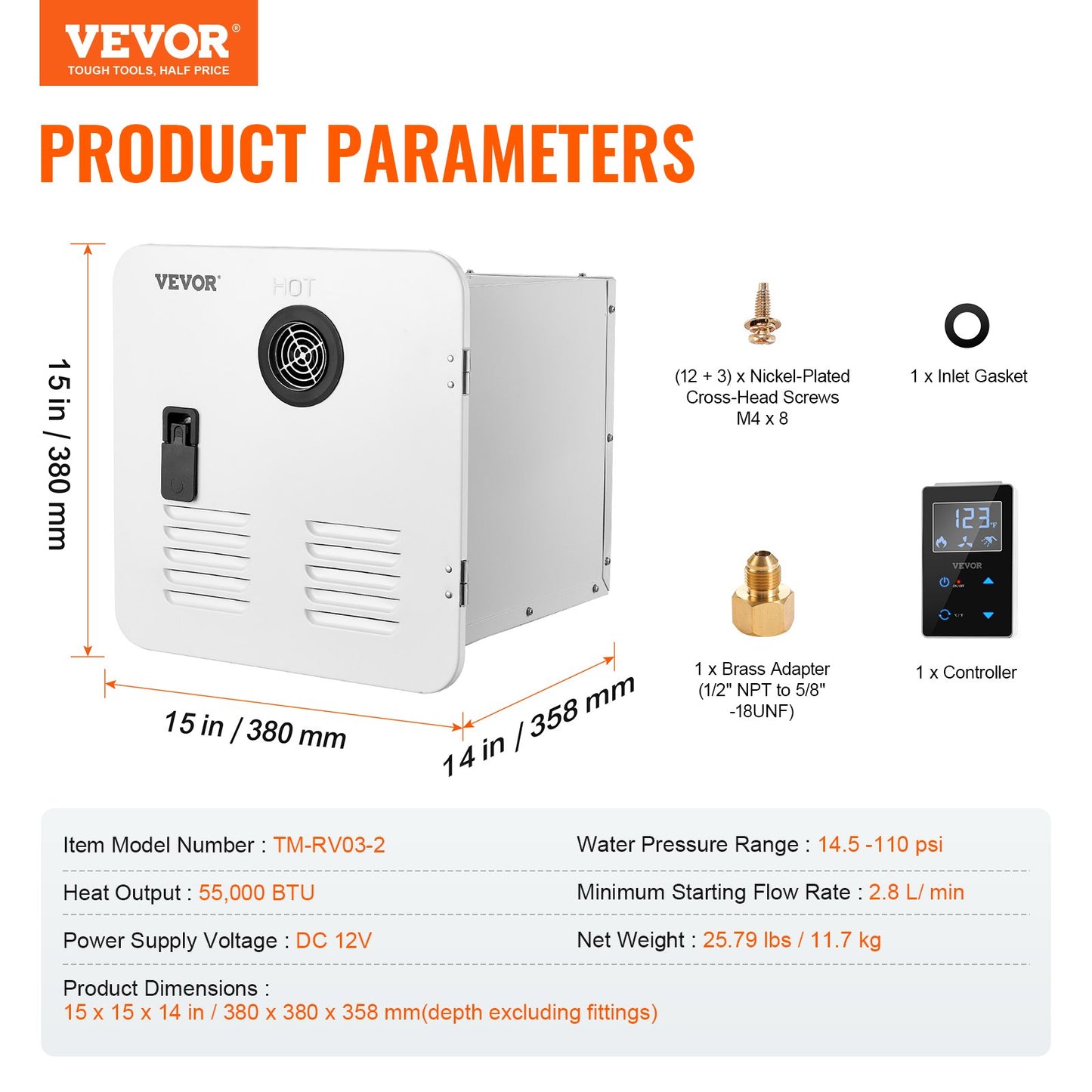 RV Tankless Water Heater, Instant Shower with 15 x 15 inches White Door and Remote Controller, 55000BTU Optimized Comfort Performance Hot Water, Ideal for RVers' Family Everyday Use