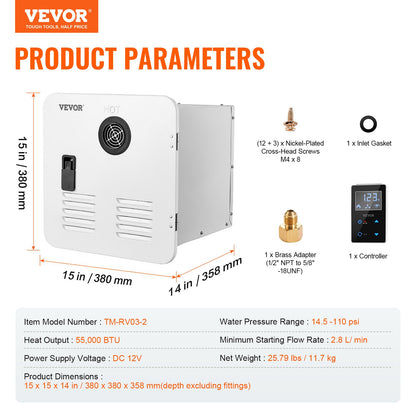 RV Tankless Water Heater, Instant Shower with 15 x 15 inches White Door and Remote Controller, 55000BTU Optimized Comfort Performance Hot Water, Ideal for RVers' Family Everyday Use