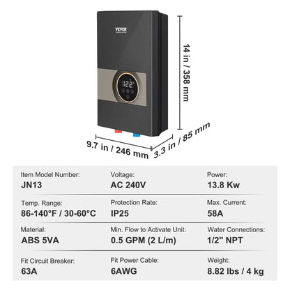 Instant Water Heater, 13.8kw Electric Tankless Water Boiler, Digital Temperature Display & Easy Installation & 24-Hour Water Supply, For Kitchen Bathroom Shower Mall Salon Shampoo ETL Listed
