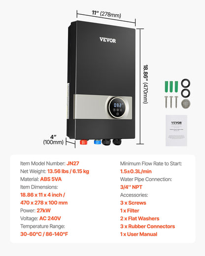 Tankless Electric Water Heater, 27kW Instant Hot Water Heater Under Sink, On Demand for Bathroom, Kitchen, Office with LCD Touch Screen, Child Security Lock ,Space-Saving, 240V Black