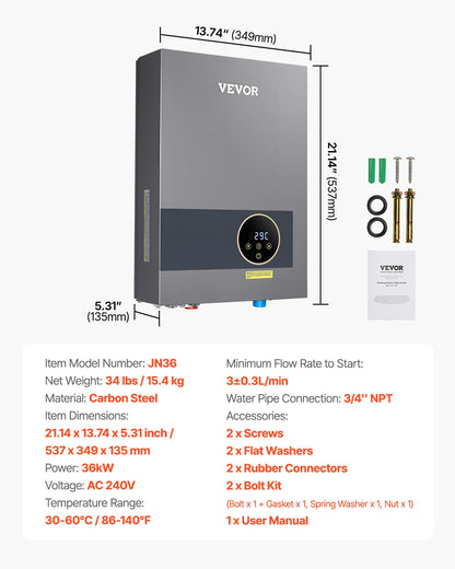 Tankless Electric Water Heater, 36kW Instant Hot Water Heater Under Sink, On Demand for Bathroom, Kitchen, Office with LCD Touch Screen, Child Security Lock ,Space-Saving, 240V