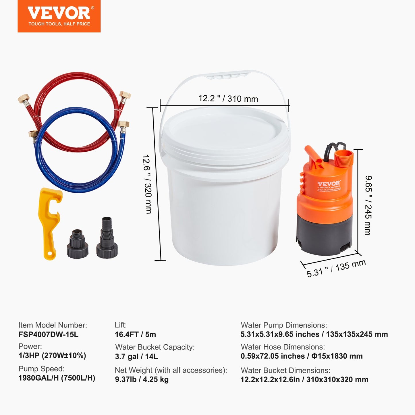 Tankless Water Heater Flushing Kit, Includes Efficient Pump & 3.7 Gallon Pail & 2 Hoses, Wrench and Adapter for Quick Install, Easy to Start Water Heater Flush Descale Kit Anti-corrosion