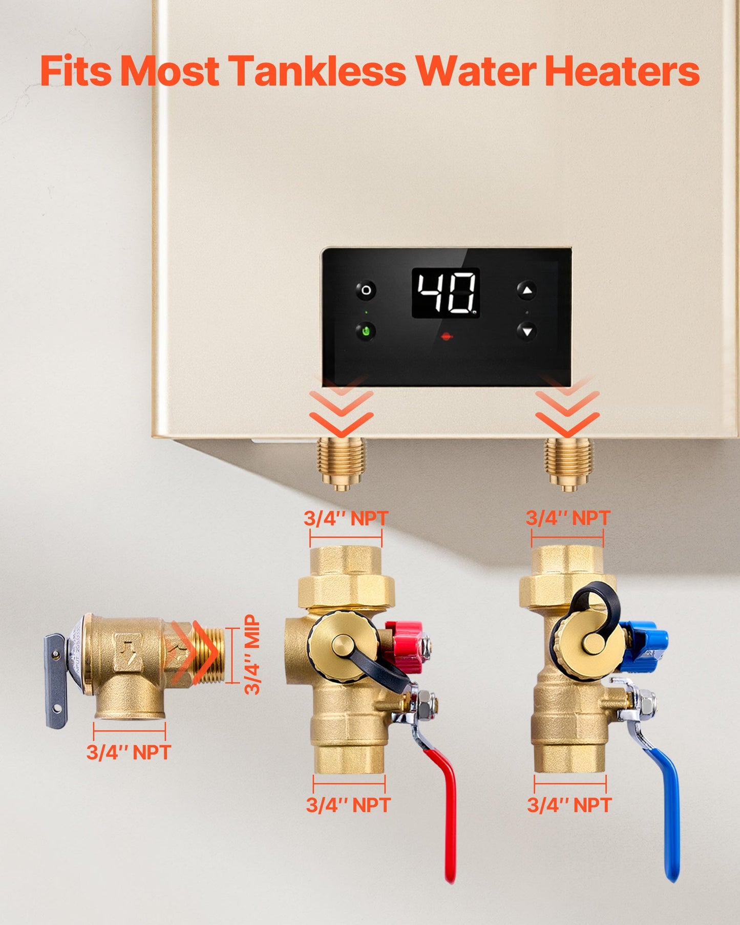 Water Heater Kit, 3/4 Inch Tankless Water Heater Service Valve Kit with 2PCS 3/4″ NPT to 3/4″ NPT Isolation Valves, Pressure Relief Valve, Lead-Free Brass, Fits Most Tankless Waters Heaters