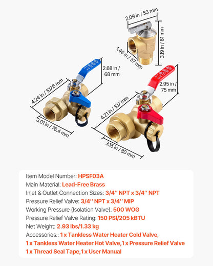 Water Heater Kit, 3/4 Inch Tankless Water Heater Service Valve Kit with 2PCS 3/4″ NPT to 3/4″ NPT Isolation Valves, Pressure Relief Valve, Lead-Free Brass, Fits Most Tankless Waters Heaters