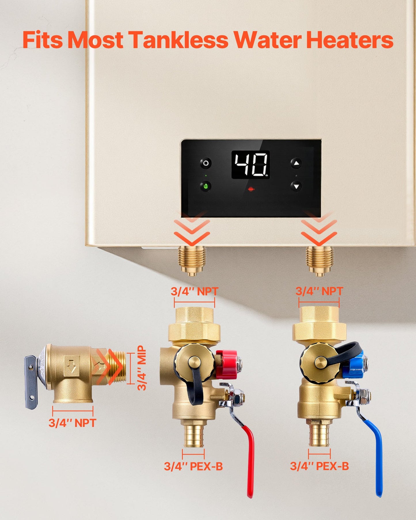 Water Heater Kit, 3/4 Inch Tankless Water Heater Service Valve Kit with 2PCS 3/4″ NPT to 3/4″ PEX-B Isolation Valves, Pressure Relief Valve, Lead-Free Brass, Fits Most Tankless Waters Heaters