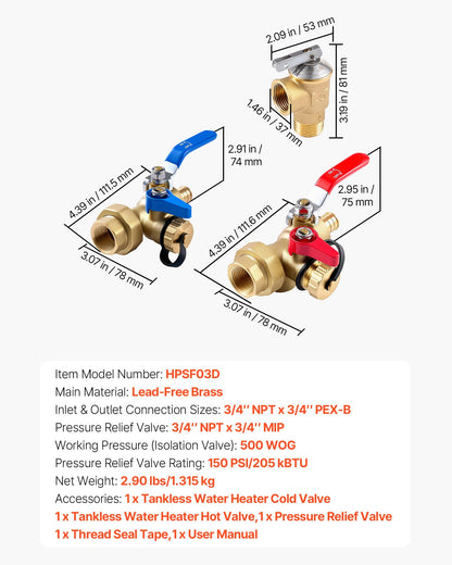 Water Heater Kit, 3/4 Inch Tankless Water Heater Service Valve Kit with 2PCS 3/4″ NPT to 3/4″ PEX-B Isolation Valves, Pressure Relief Valve, Lead-Free Brass, Fits Most Tankless Waters Heaters