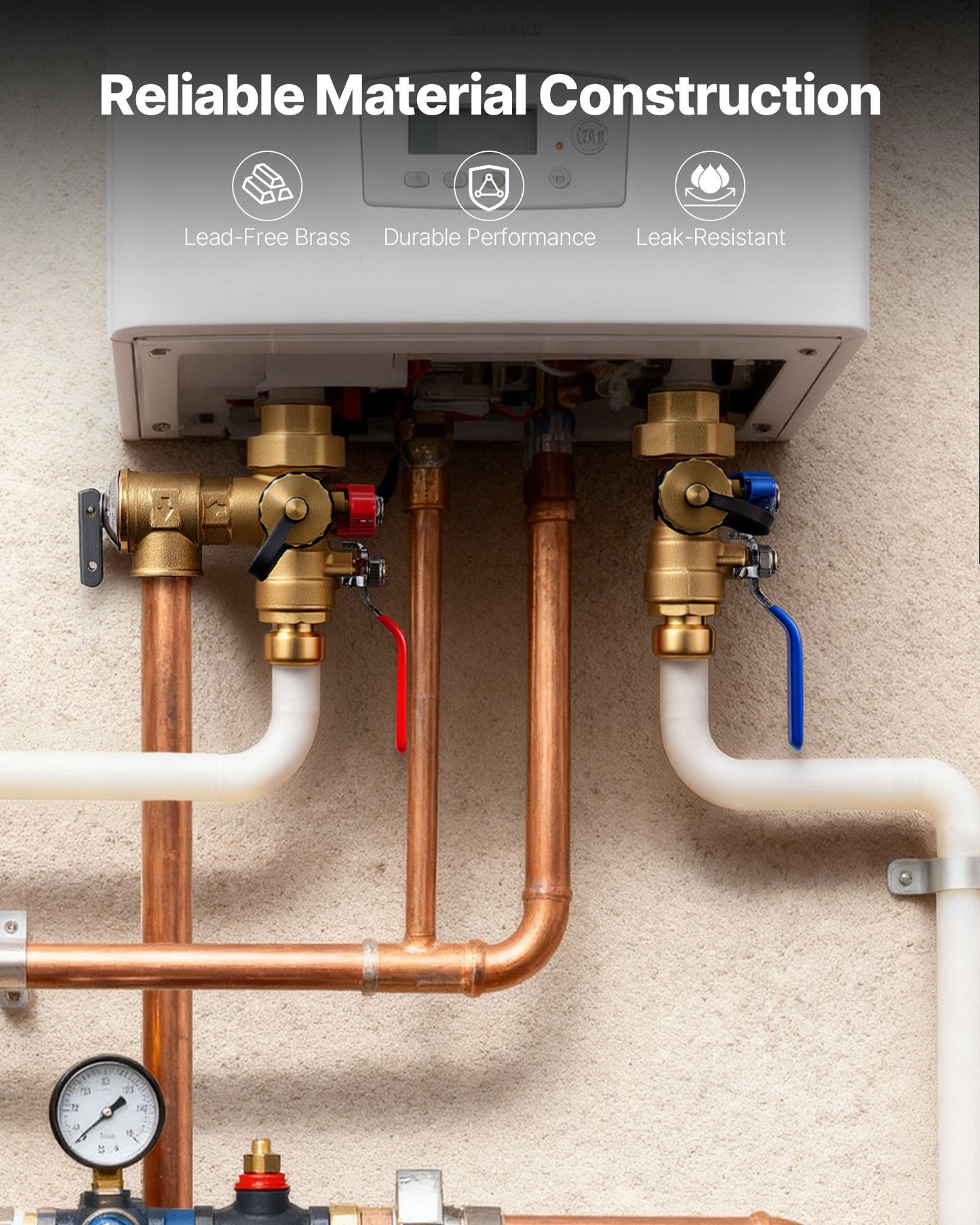 Water Heater Kit, 3/4 Inch Tankless Water Heater Service Valve Kit with 2PCS 3/4″ NPT to 3/4″ PTC Isolation Valves, Pressure Relief Valve, Fits Most Tankless Waters Heaters, Lead-Free Brass