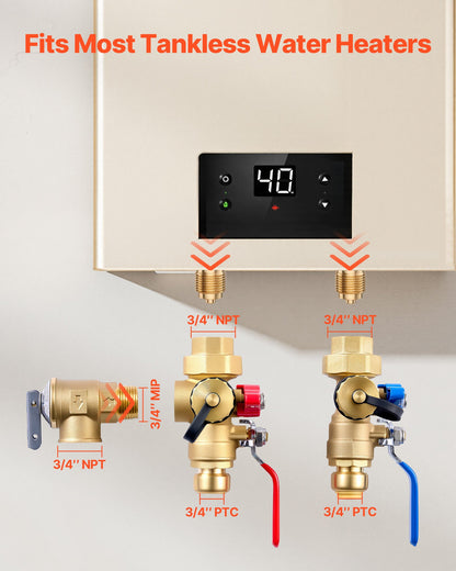 Water Heater Kit, 3/4 Inch Tankless Water Heater Service Valve Kit with 2PCS 3/4″ NPT to 3/4″ PTC Isolation Valves, Pressure Relief Valve, Fits Most Tankless Waters Heaters, Lead-Free Brass