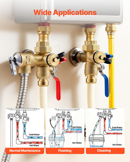 Water Heater Kit, 3/4 Inch Tankless Water Heater Service Valve Kit with 2PCS 3/4″ NPT to 3/4″ PTC Isolation Valves, Pressure Relief Valve, Fits Most Tankless Waters Heaters, Lead-Free Brass
