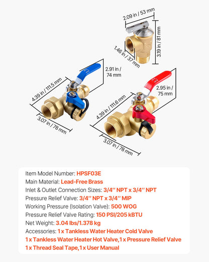 Water Heater Kit, 3/4 Inch Tankless Water Heater Service Valve Kit with 2PCS 3/4″ NPT to 3/4″ PTC Isolation Valves, Pressure Relief Valve, Fits Most Tankless Waters Heaters, Lead-Free Brass