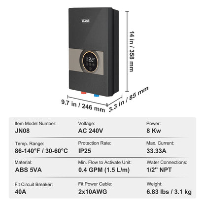 Instant Water Heater, 8kw On Demand Electric Tankless Water Boiler, Digital Temperature Display & Easy Installation & 24-Hour Water Supply, For Kitchen Bathroom Shower Mall Salon ETL Listed
