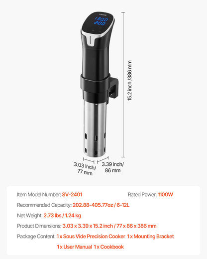 Sous Vide Precision Cooker, 1100W Sous-Vide Cooking Machine, WIFI Immersion Circulator with LED Digital Display, Fast-Heating, Accurate Temperature & Timer Control, SUS304 Stainless Steel