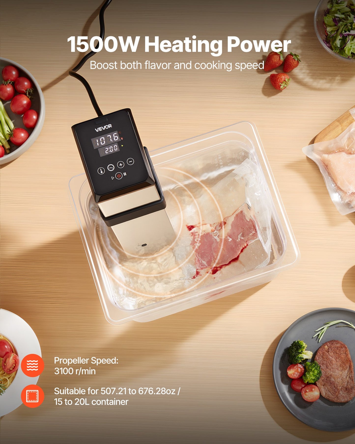 Sous Vide Precision Cooker, 1500W Sous-Vide Cooking Machine, Immersion Circulator with LED Digital Display, Adjustable Screw Clamp, Fast-Heating, Accurate Temperature & Timer Control, Sous-Vide